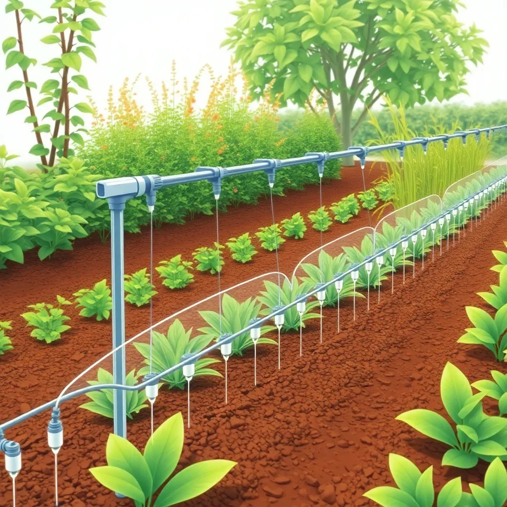 Illustration of a smart irrigation system installed in a garden with automatic drip lines and sensors