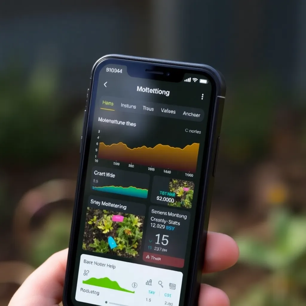 Smartphone screen showing live moisture monitoring app dashboard with colorful graphs and garden status