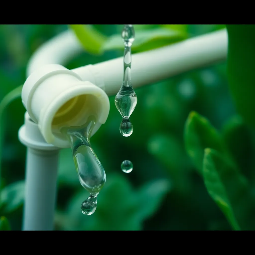 Close-up photo of water dripping from drip irrigation system tubes onto green plants