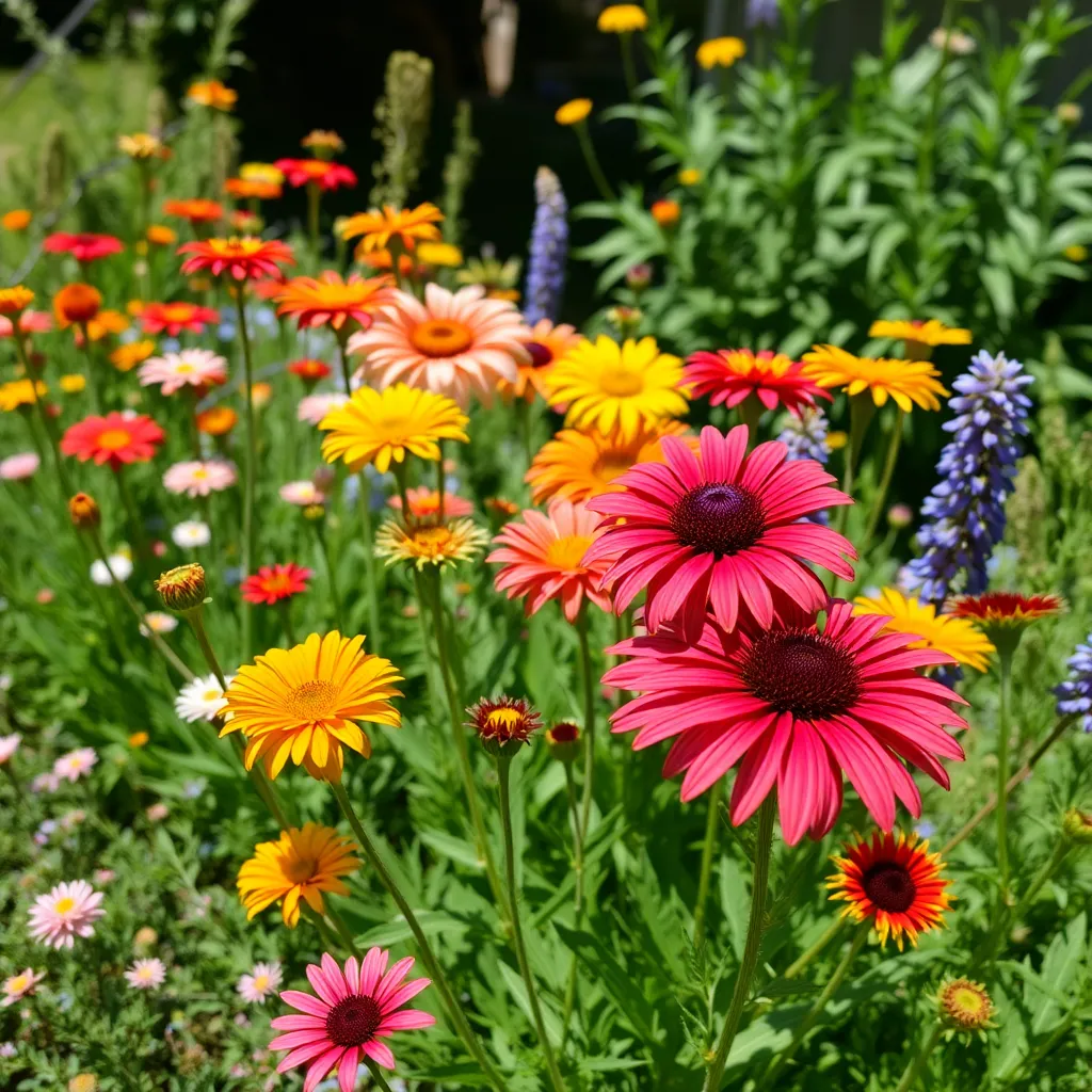 Colorful native flowering plants blooming in a sunny garden bed